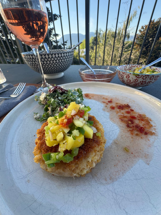 The Pacific Angler Kitchen:  Dungeness Crab Cakes with Pineapple/Mango Salsa & Chili Sauce
